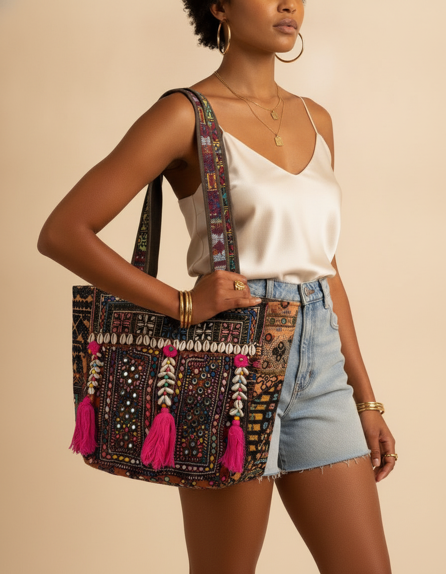 Shell Tassel Handcrafted Tote Bag — Espresso Mosaic