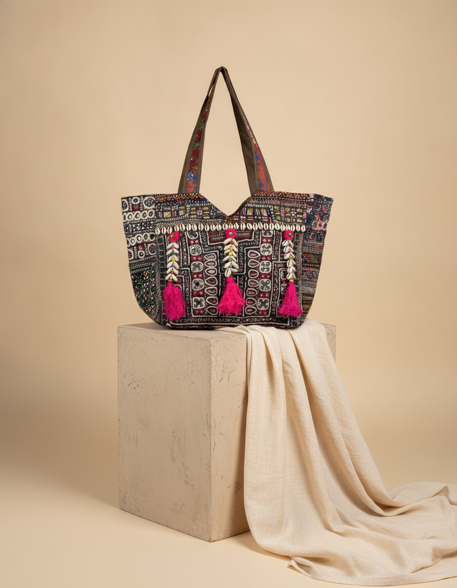 Shell Tassel Handcrafted Tote Bag — Walnut Tapestry