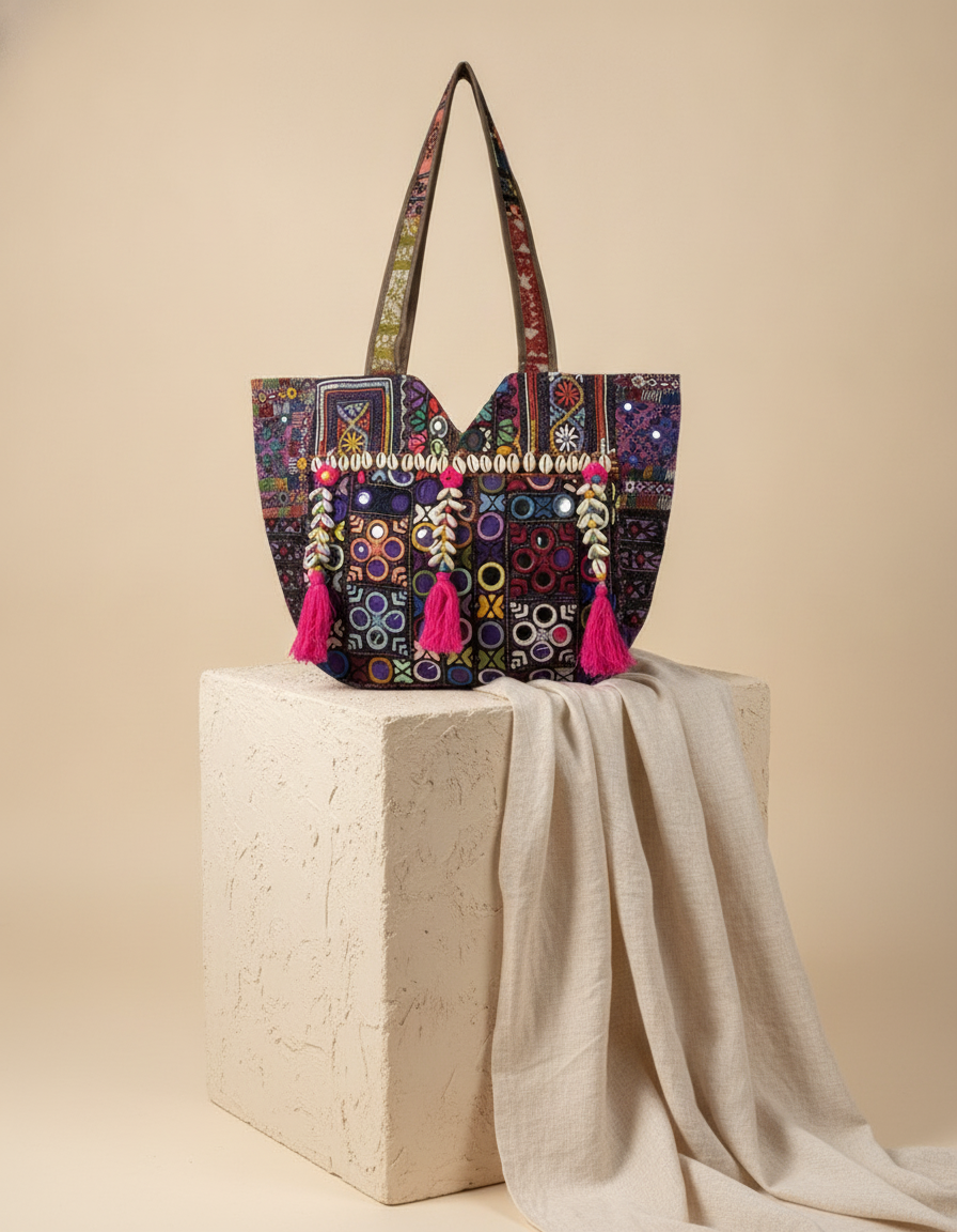 Shell Tassel Handcrafted Tote Bag — Merlot Mosaic