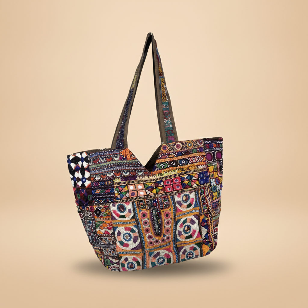 Shell Tassel Handcrafted Tote Bag — Charcoal Tapestry