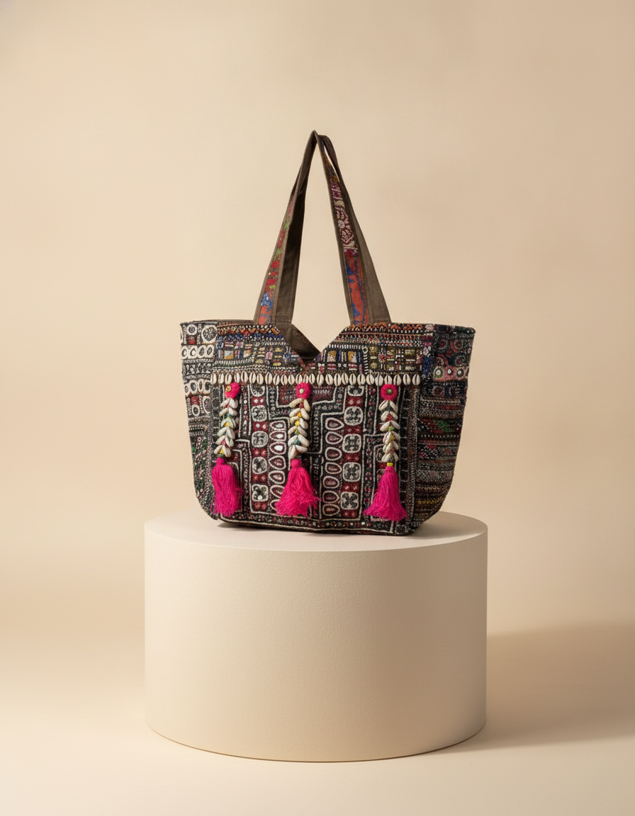 Shell Tassel Handcrafted Tote Bag — Walnut Tapestry