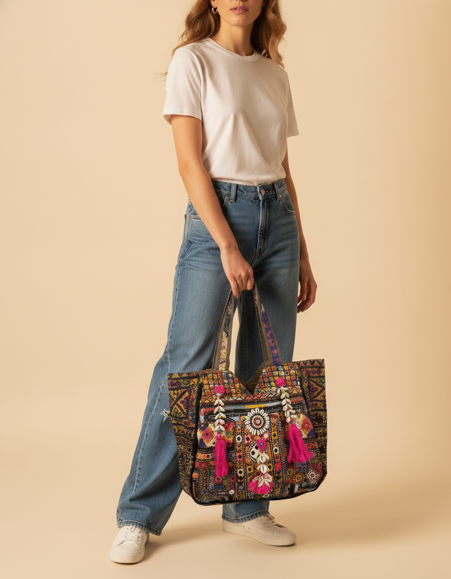 Shell Tassel Handcrafted Oversized Tote Bag — Saffron Caravan