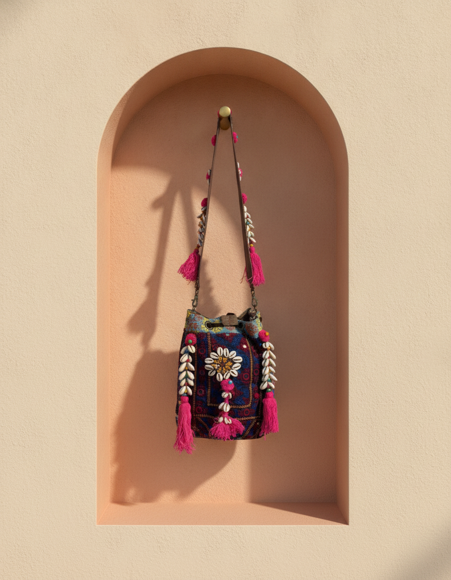 Shell Tassel Handcrafted Bucket Bag — Damson Bloom (Medium)