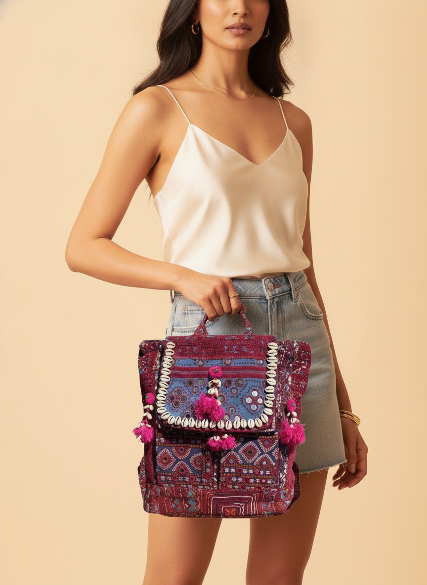 Shell Tassel Handcrafted Backpack — Crimson Passage