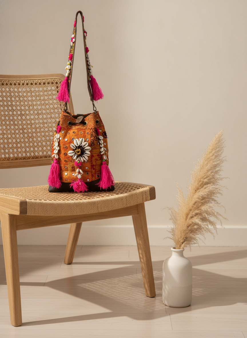 Shell Tassel Handcrafted Bucket Bag — Marigold Spark (Medium)
