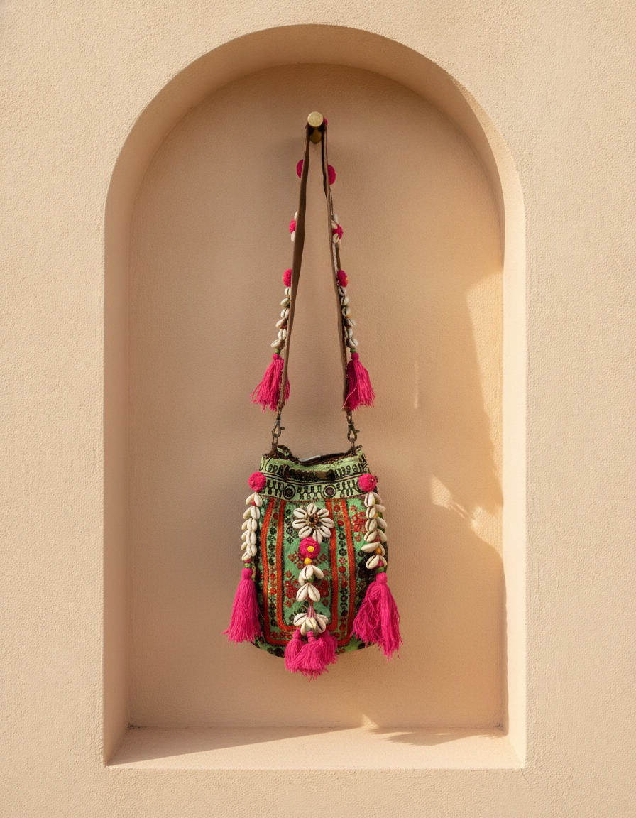 Shell Tassel Handcrafted Bucket Bag — Emerald Bloom (Medium)