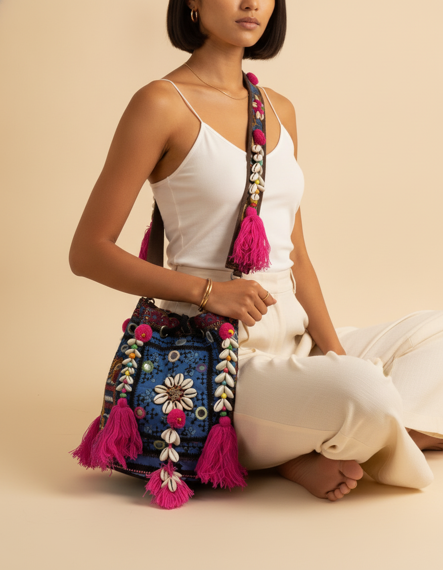 Shell Tassel Handcrafted Bucket Bag — Azure Dahlia (Medium)