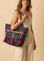 Shell Tassel Handcrafted Tote Bag — Indigo Tapestry