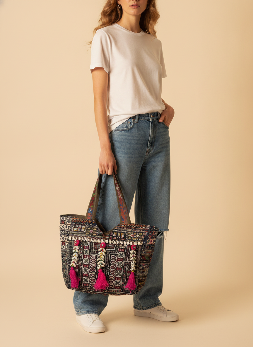 Shell Tassel Handcrafted Tote Bag — Walnut Tapestry