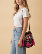 Shell Tassel Handcrafted Bucket Bag — Wine Dahlia (Medium)