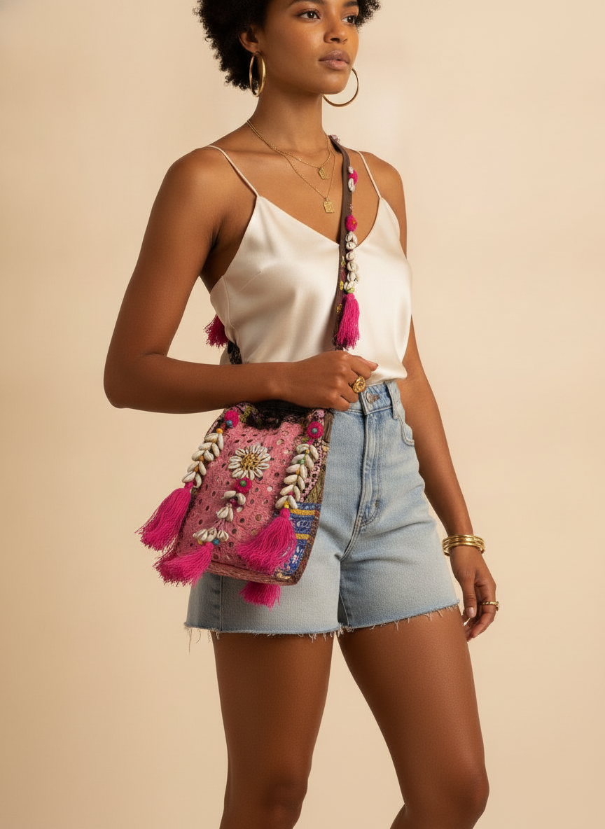Shell Tassel Handcrafted Bucket Bag — Heather Bloom (Medium)