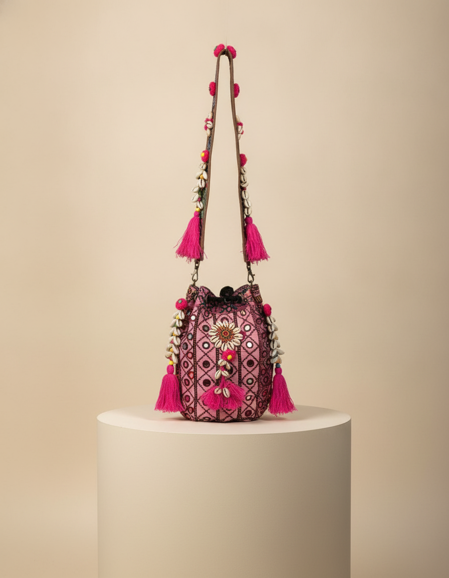 Shell Tassel Handcrafted Bucket Bag — Scarlet Bloom (Medium)