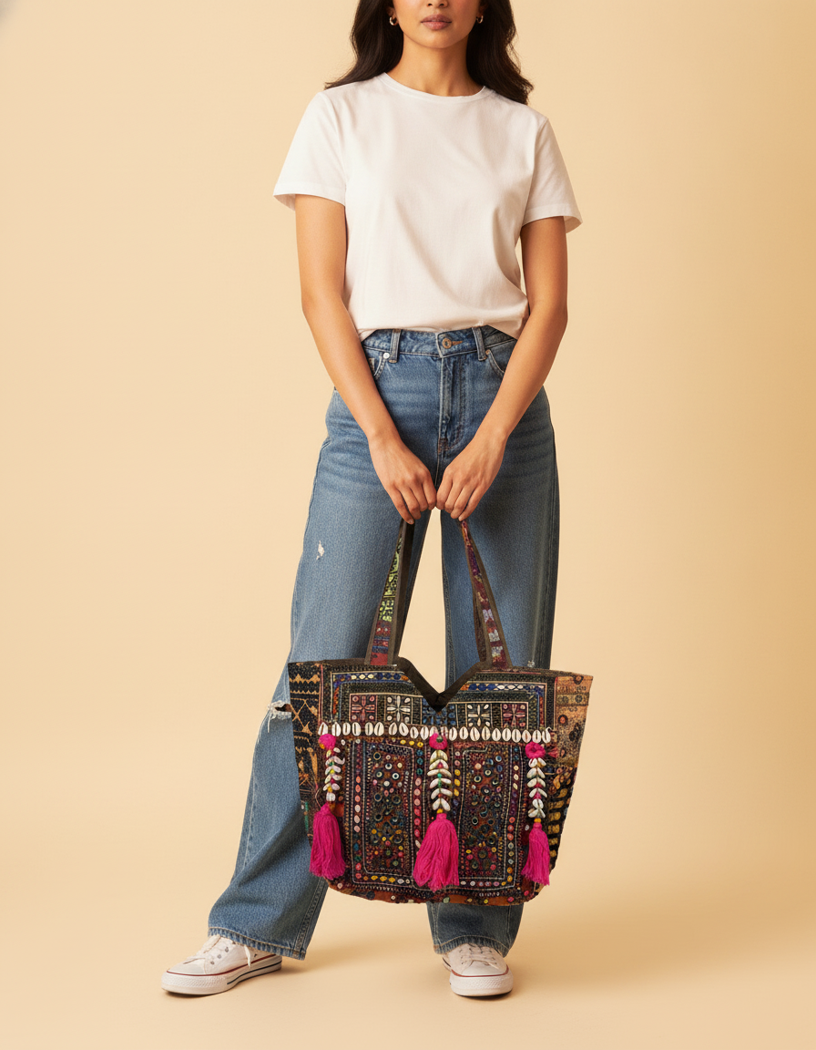 Shell Tassel Handcrafted Tote Bag — Espresso Mosaic