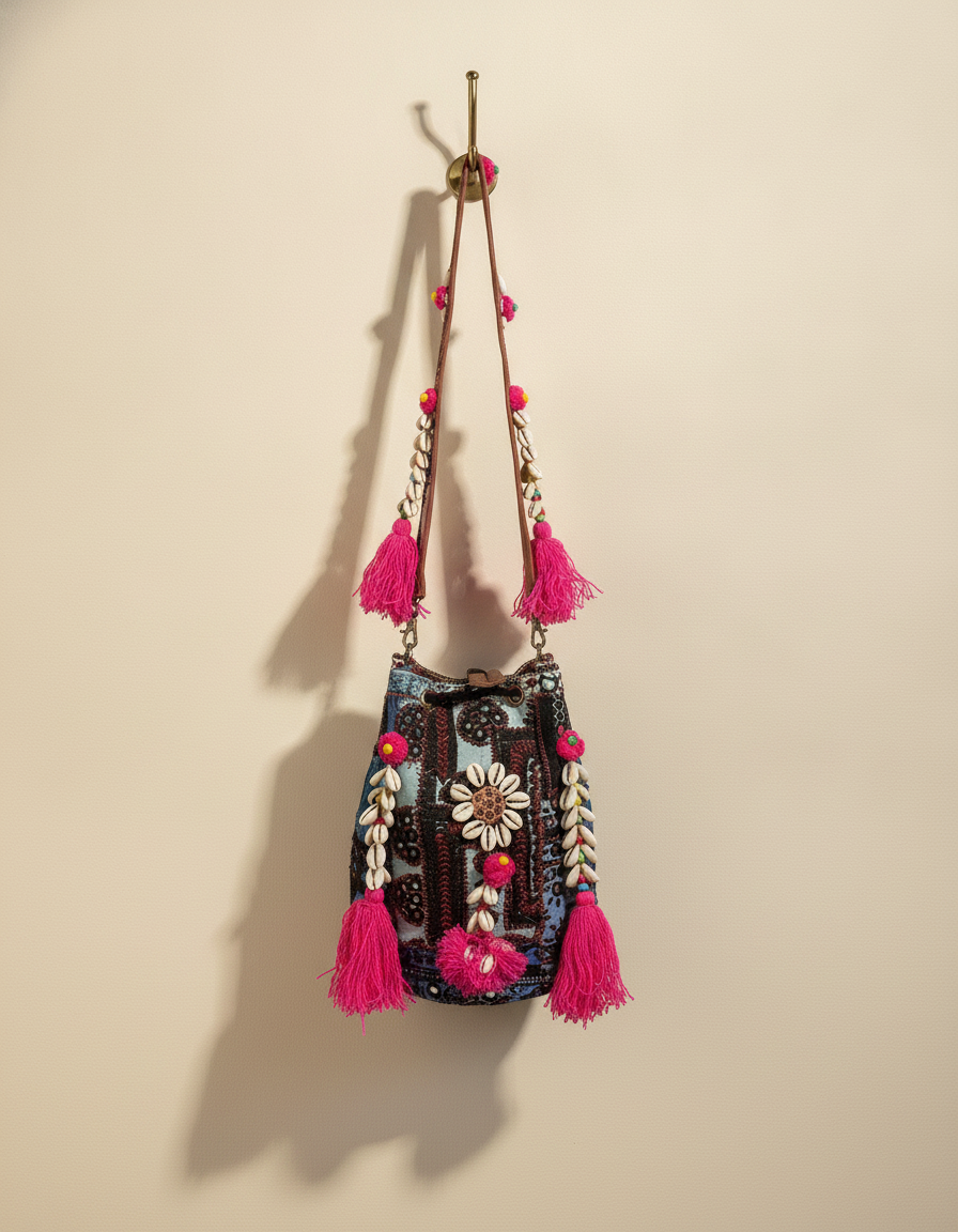 Shell Tassel Handcrafted Bucket Bag — Lagoon Aura (Medium)