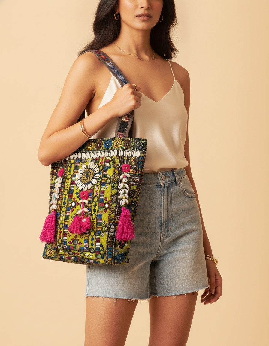 Shell Tassel Handcrafted Tote Bag — Olive Mosaic