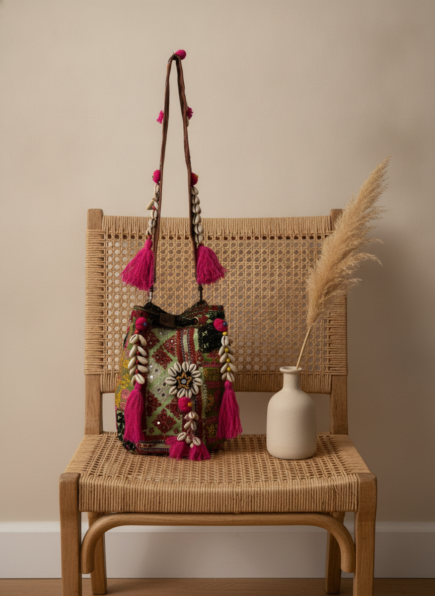Shell Tassel Handcrafted Bucket Bag — Crimson Bloom (Medium)