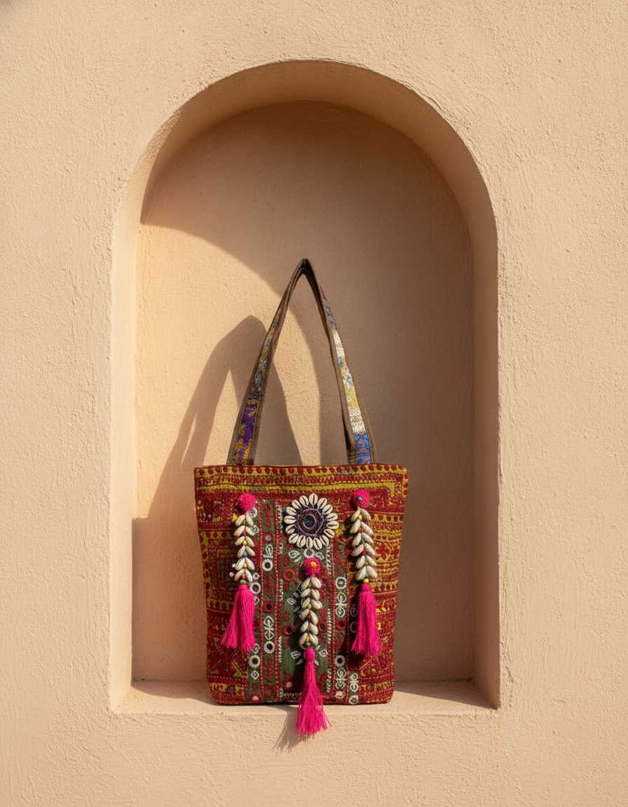 Shell Tassel Handcrafted Tote Bag — Crimson Mosaic
