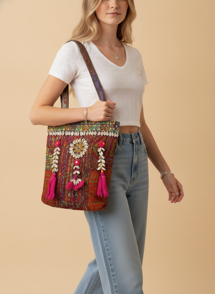 Shell Tassel Handcrafted Tote Bag — Twilight Mosaic