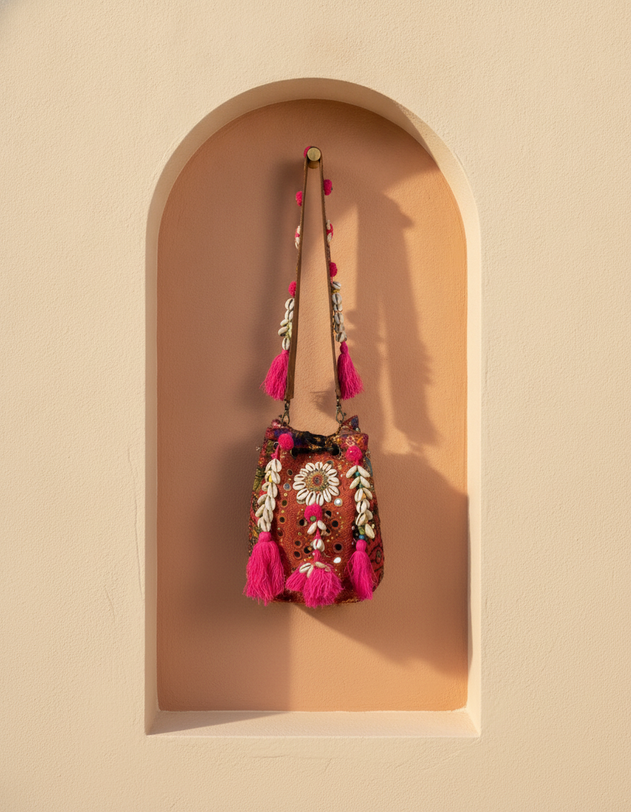 Shell Tassel Handcrafted Bucket Bag — Vermilion Spark (Medium)