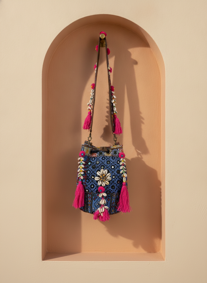 Shell Tassel Handcrafted Bucket Bag — Cobalt Aura (Medium)