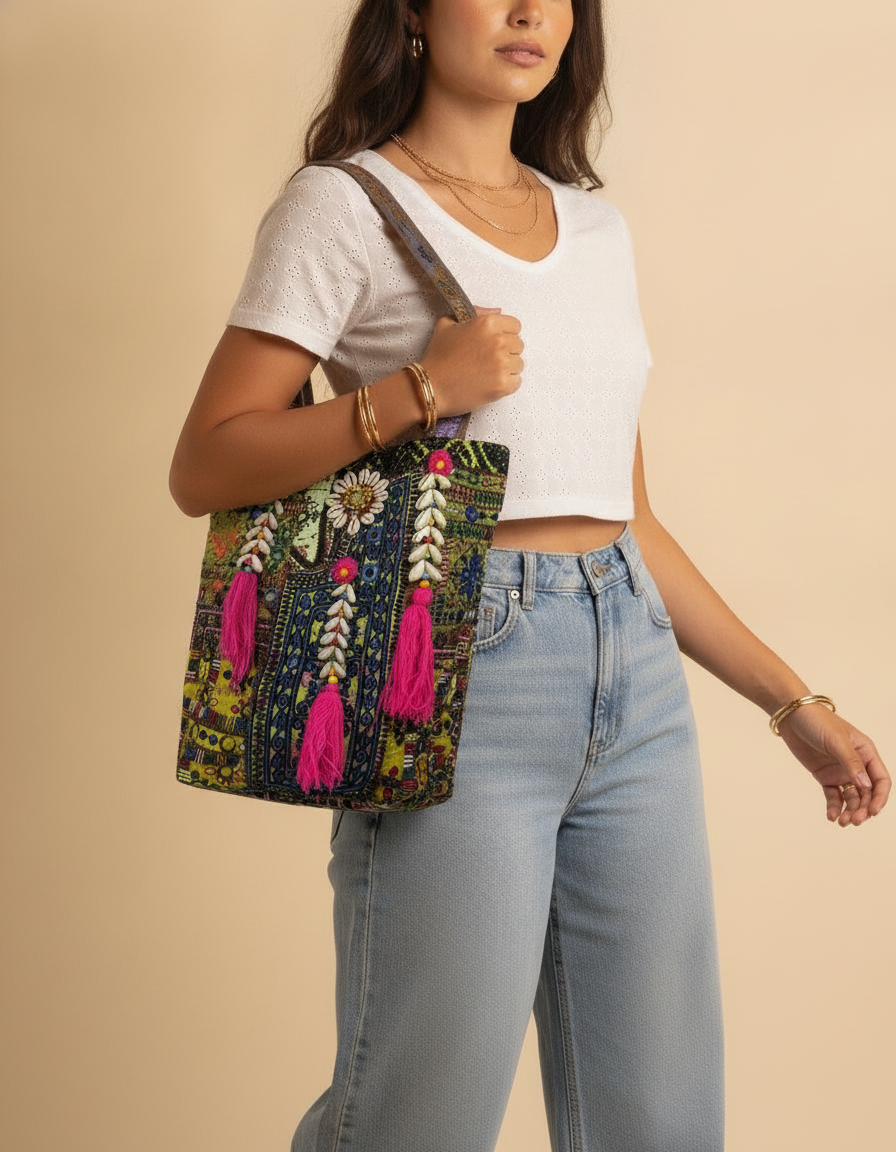 Shell Tassel Handcrafted Tote Bag — Moss Fringe