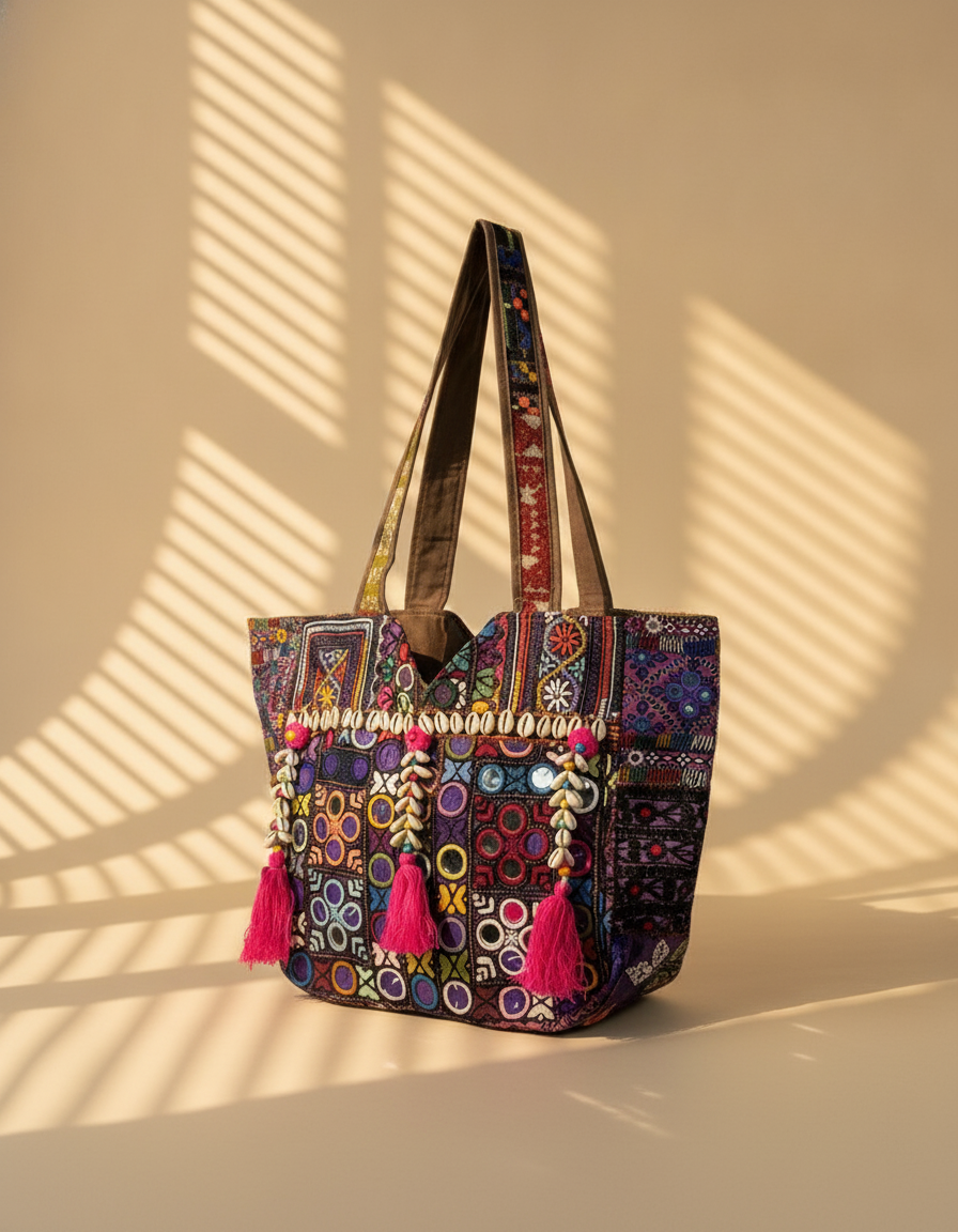 Shell Tassel Handcrafted Tote Bag — Merlot Mosaic