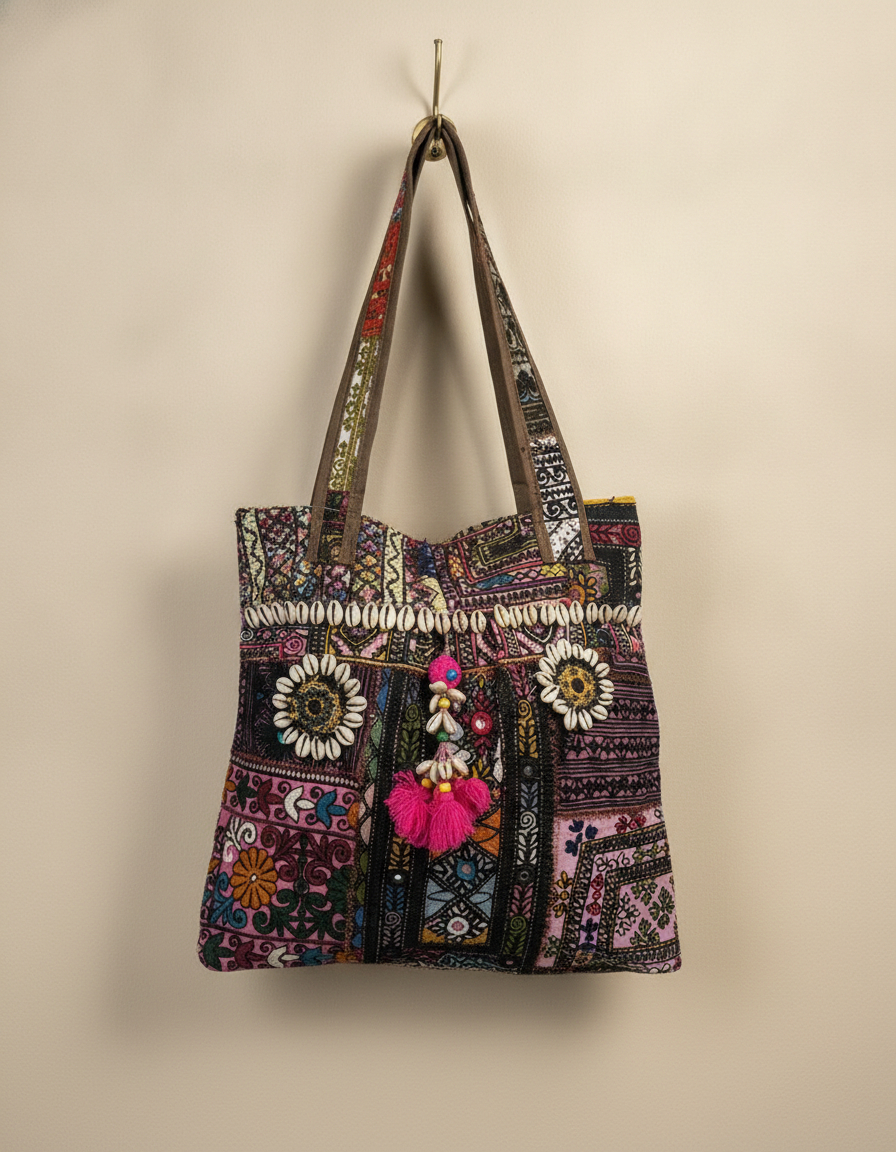 Shell Tassel Handcrafted Tote Bag — Walnut Jharokha