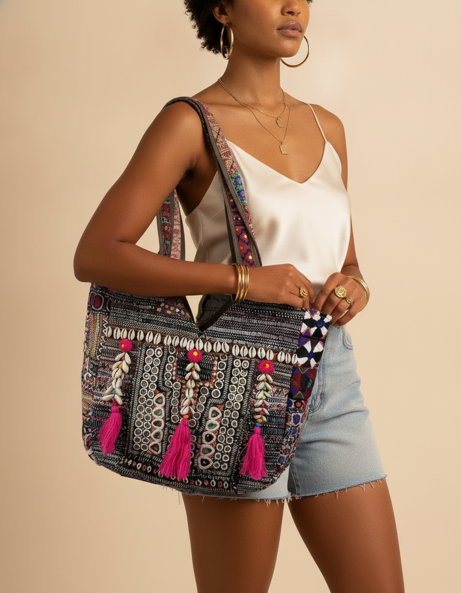 Shell Tassel Handcrafted Tote Bag — Charcoal Tapestry