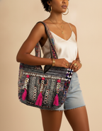 Shell Tassel Handcrafted Tote Bag — Charcoal Tapestry
