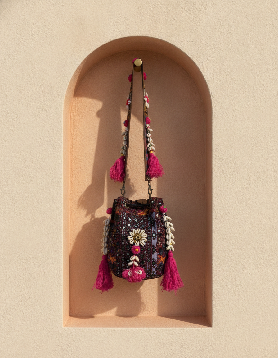 Shell Tassel Handcrafted Bucket Bag — Blackberry Bloom (Medium)