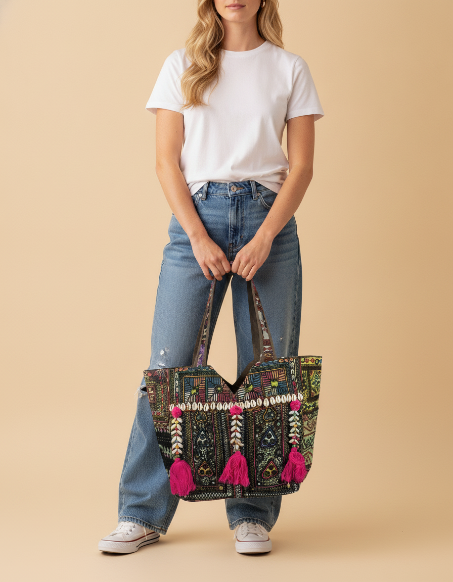 Shell Tassel Handcrafted Tote Bag — Bronze Tapestry