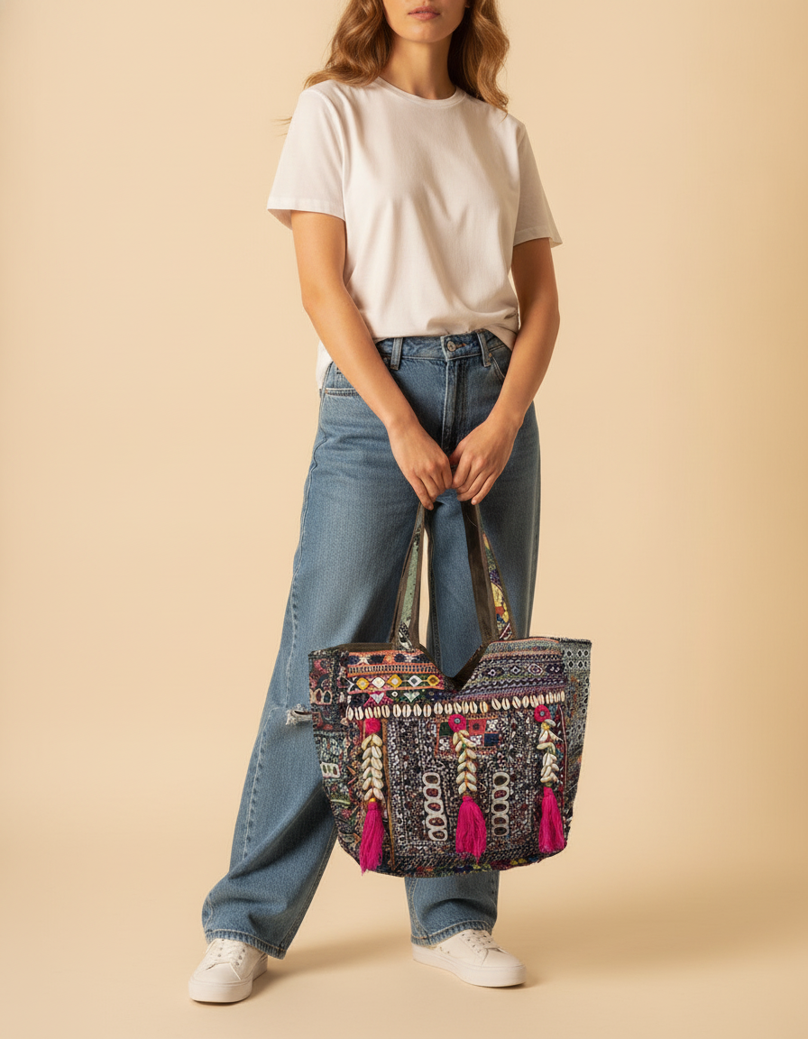 Shell Tassel Handcrafted Tote Bag — Slate Tapestry