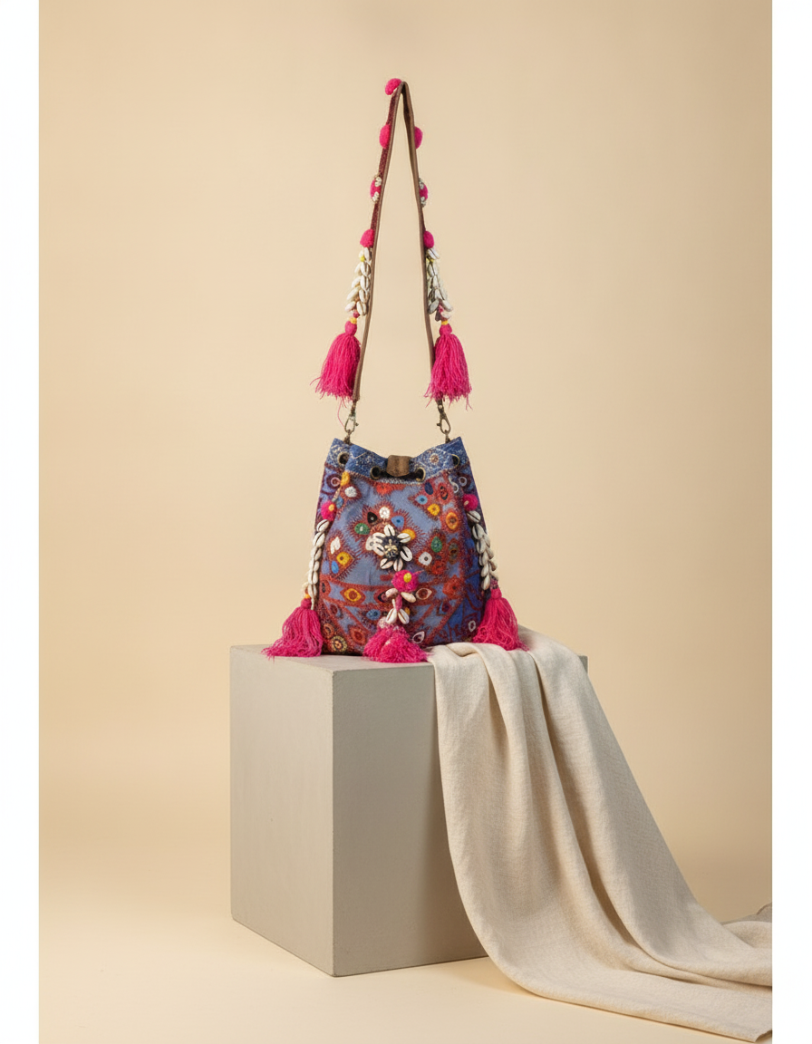 Shell Tassel Handcrafted Bucket Bag — Cornflower Bloom (Medium)