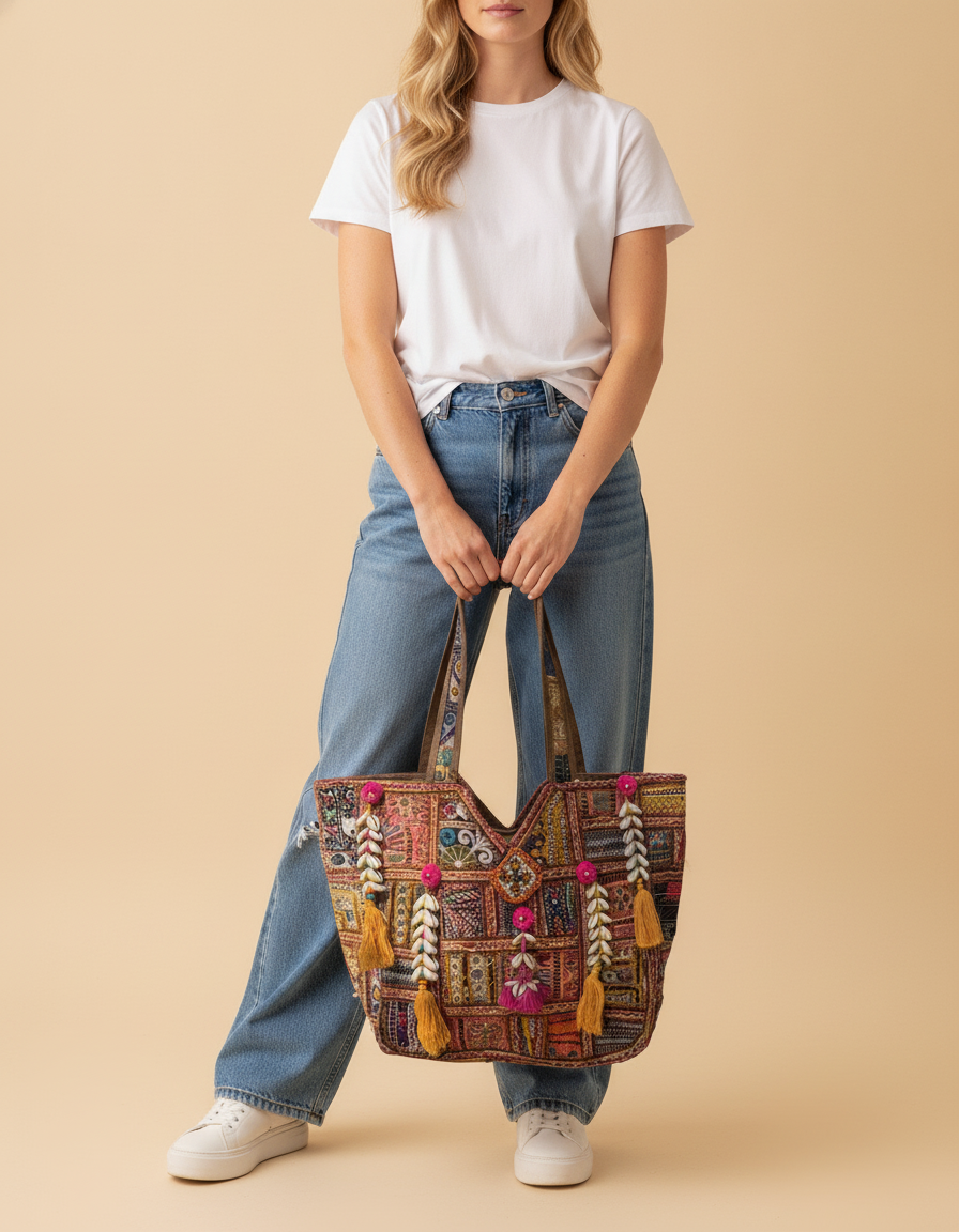 Shell Tassel Handcrafted Oversized Tote Bag — Terracotta Compass