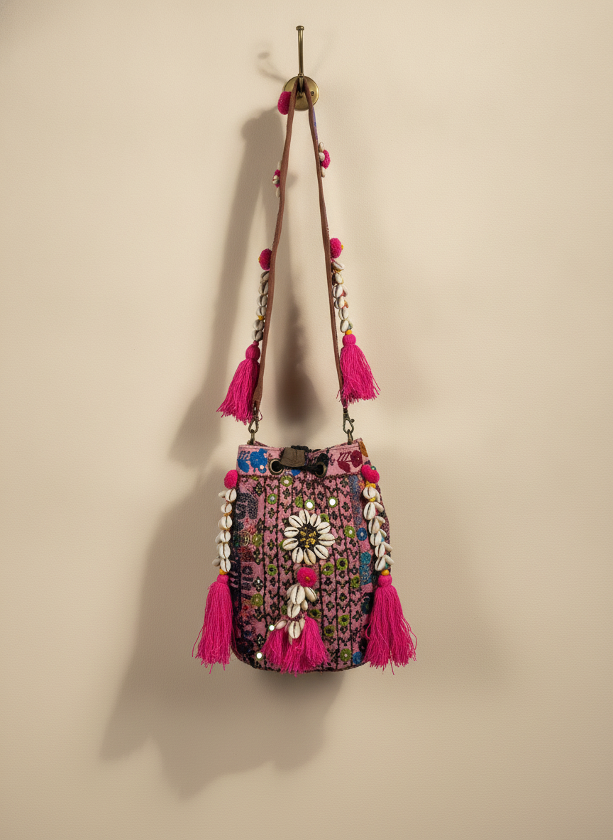 Shell Tassel Handcrafted Bucket Bag — Henna Heirloom (Medium)