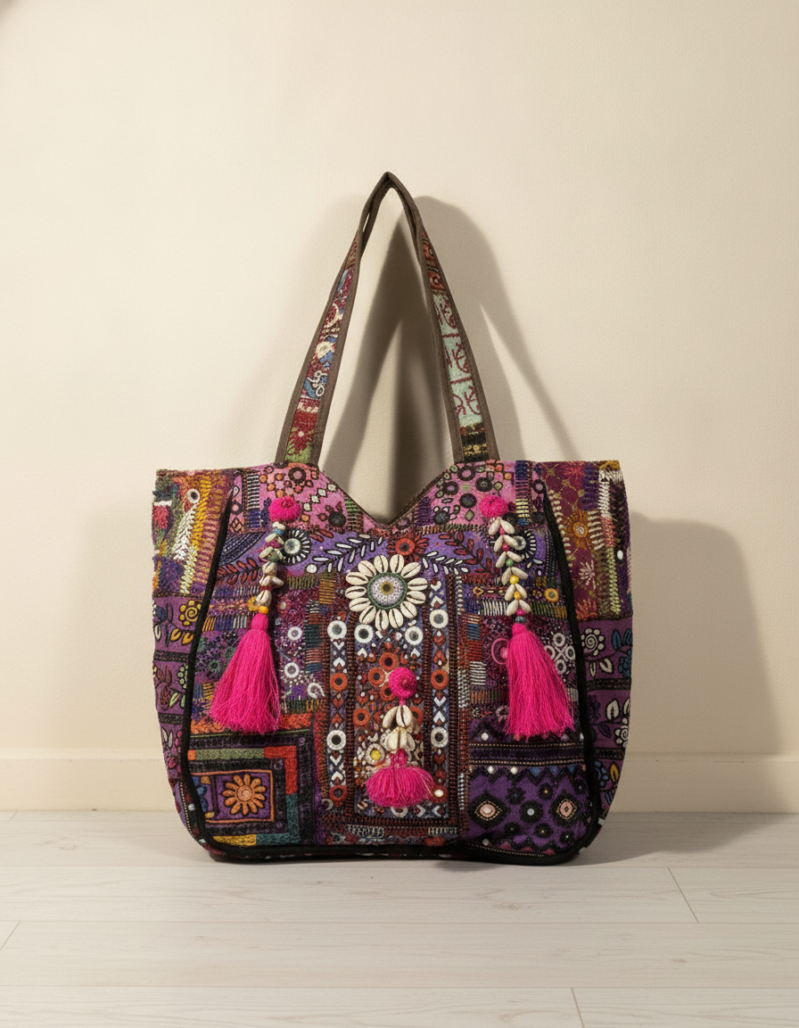 Shell Tassel Handcrafted Oversized Tote Bag — Mocha Meridian