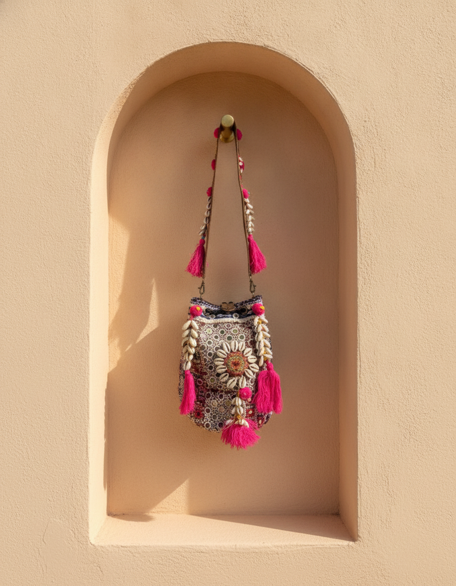 Shell Tassel Handcrafted Bucket Bag — Onyx Bloom (Medium)
