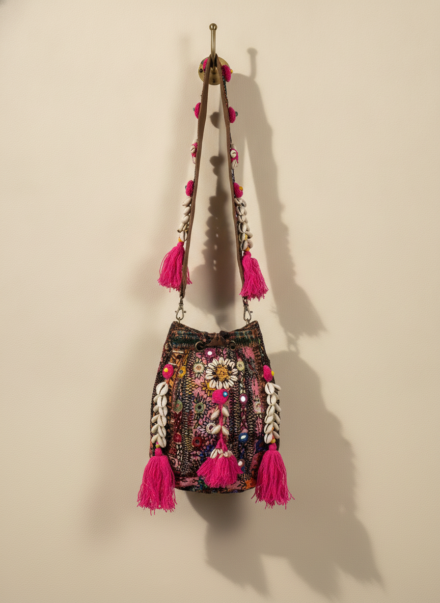 Shell Tassel Handcrafted Bucket Bag — Garnet Bloom (Medium)