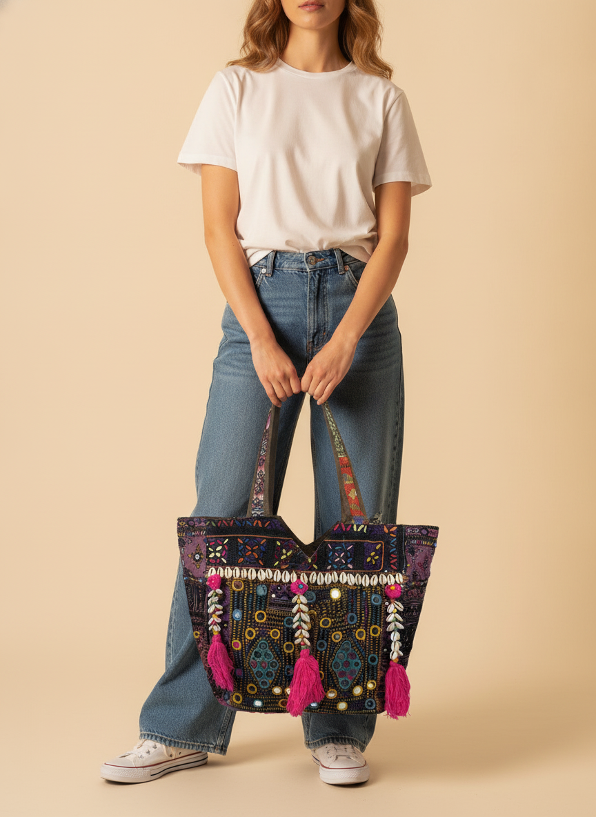 Shell Tassel Handcrafted Tote Bag — Ebony Tapestry
