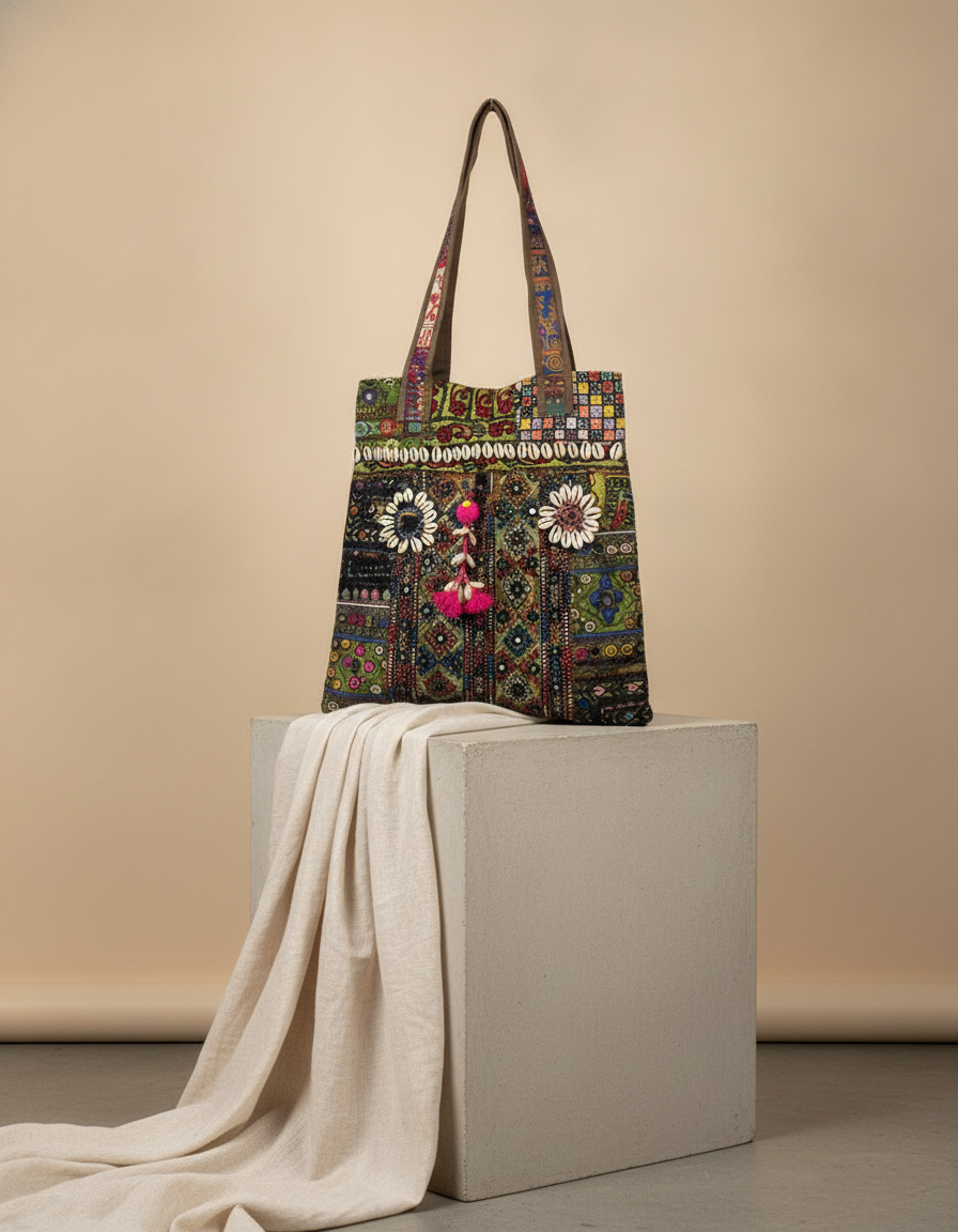 Shell Tassel Handcrafted Tote Bag — Olive Darbar