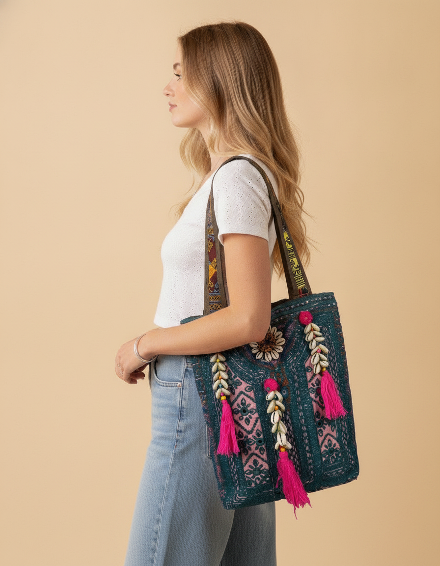 Shell Tassel Handcrafted Tote Bag — Teal Tapestry