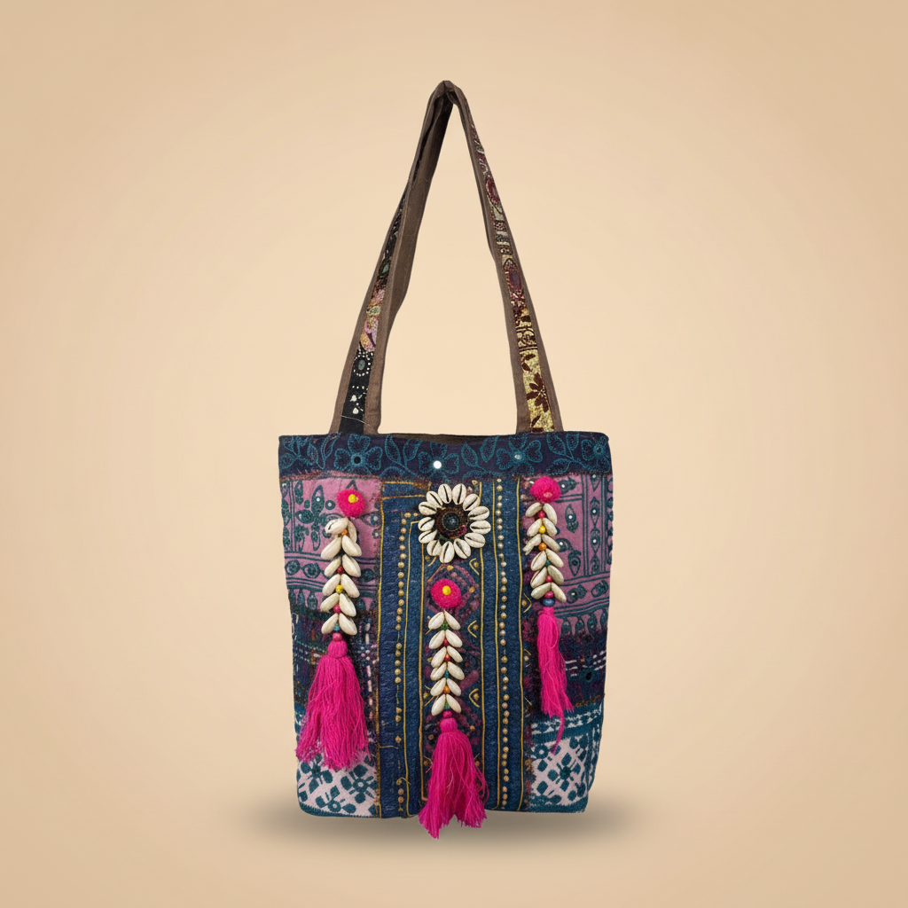 Shell Tassel Handcrafted Tote Bag — Sapphire Mosaic