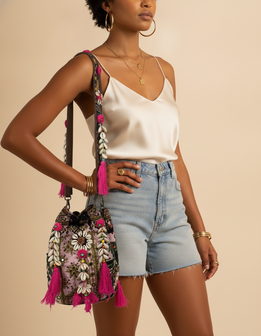 Shell Tassel Handcrafted Bucket Bag — Almond Bloom (Medium)