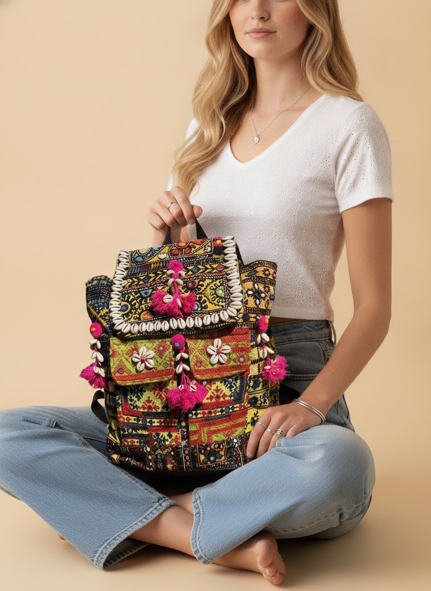Shell Tassel Handcrafted Backpack — Marigold Compass