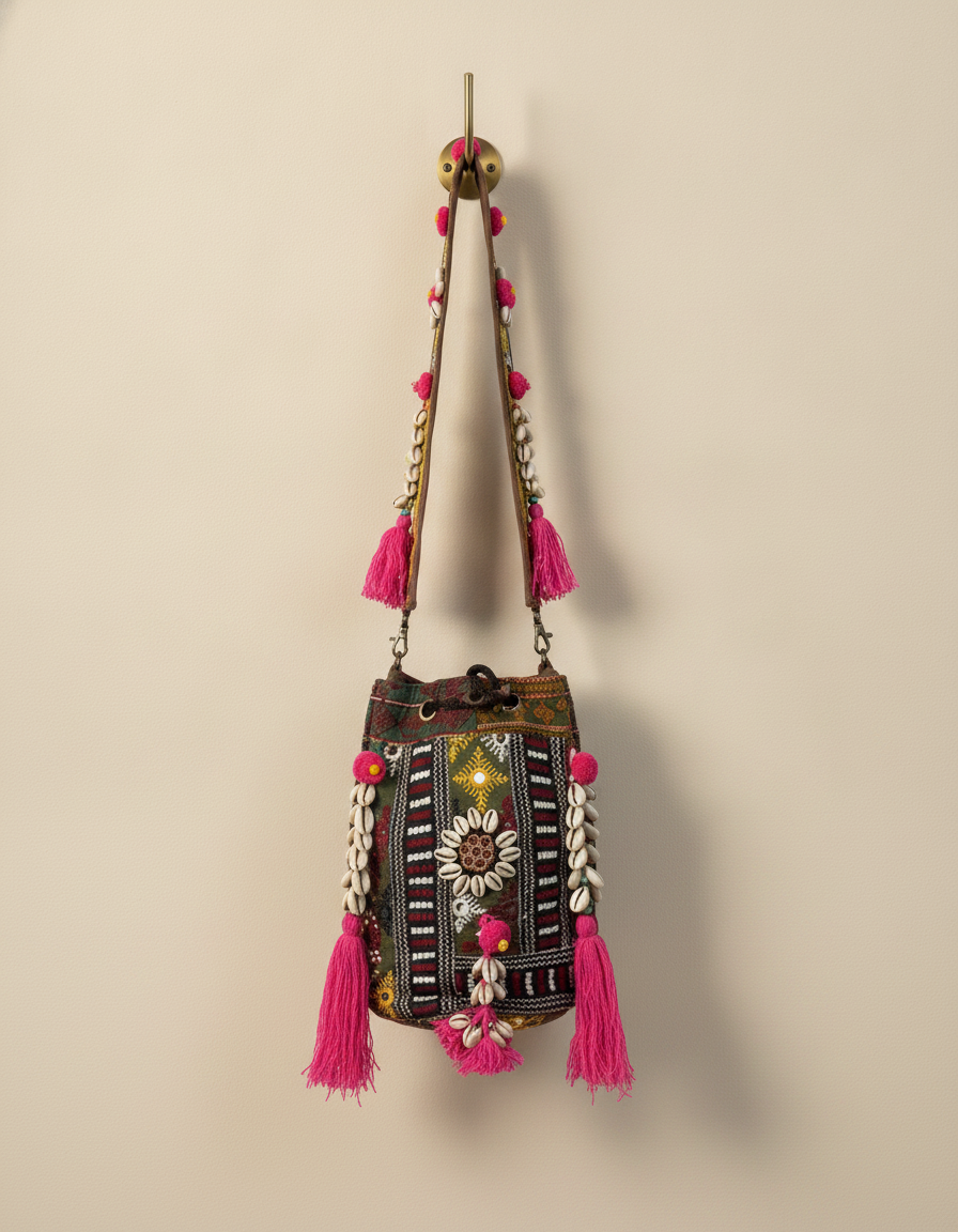 Shell Tassel Handcrafted Bucket Bag — Hazel Bloom (Medium)