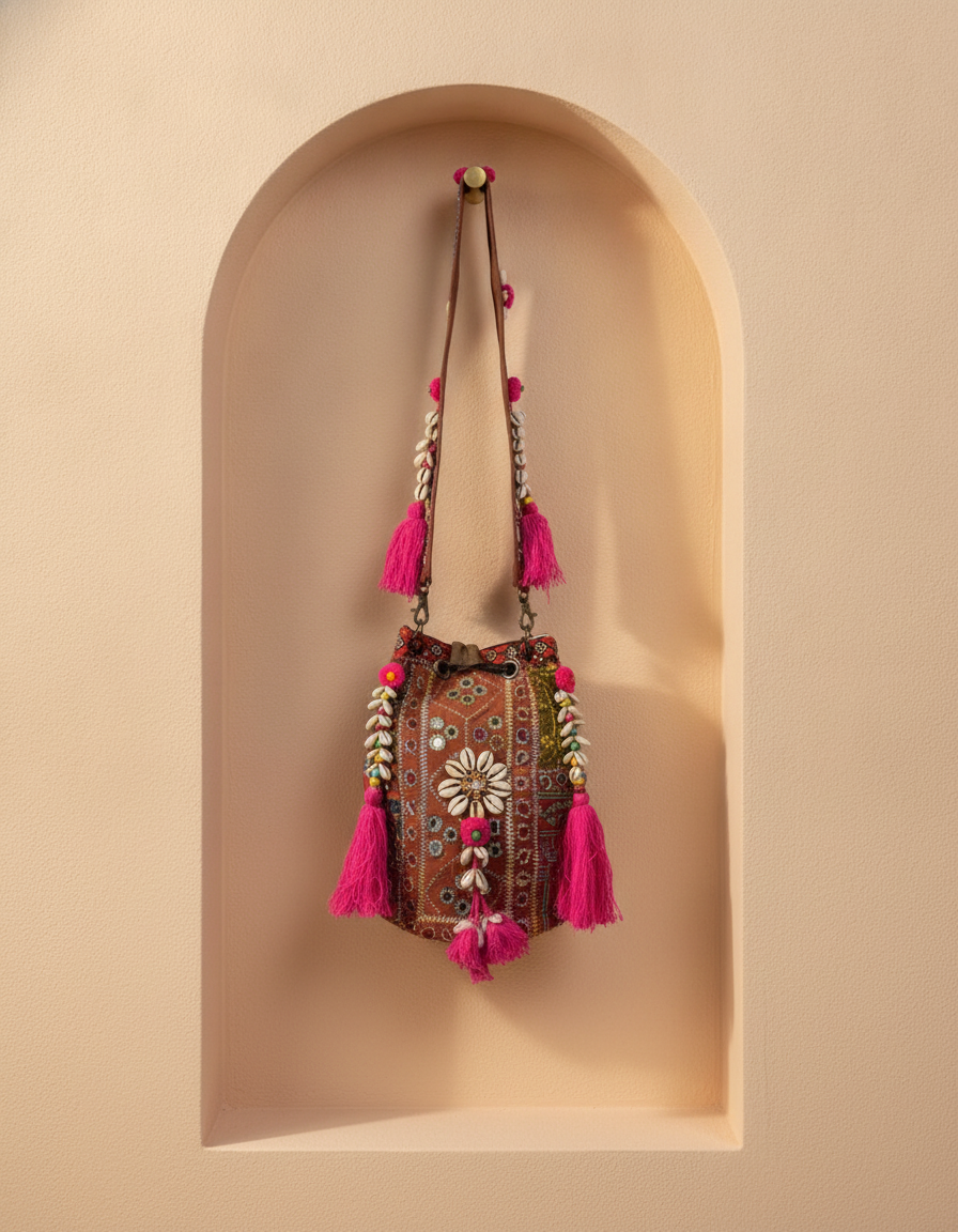 Shell Tassel Handcrafted Bucket Bag — Poppy Bloom (Medium)