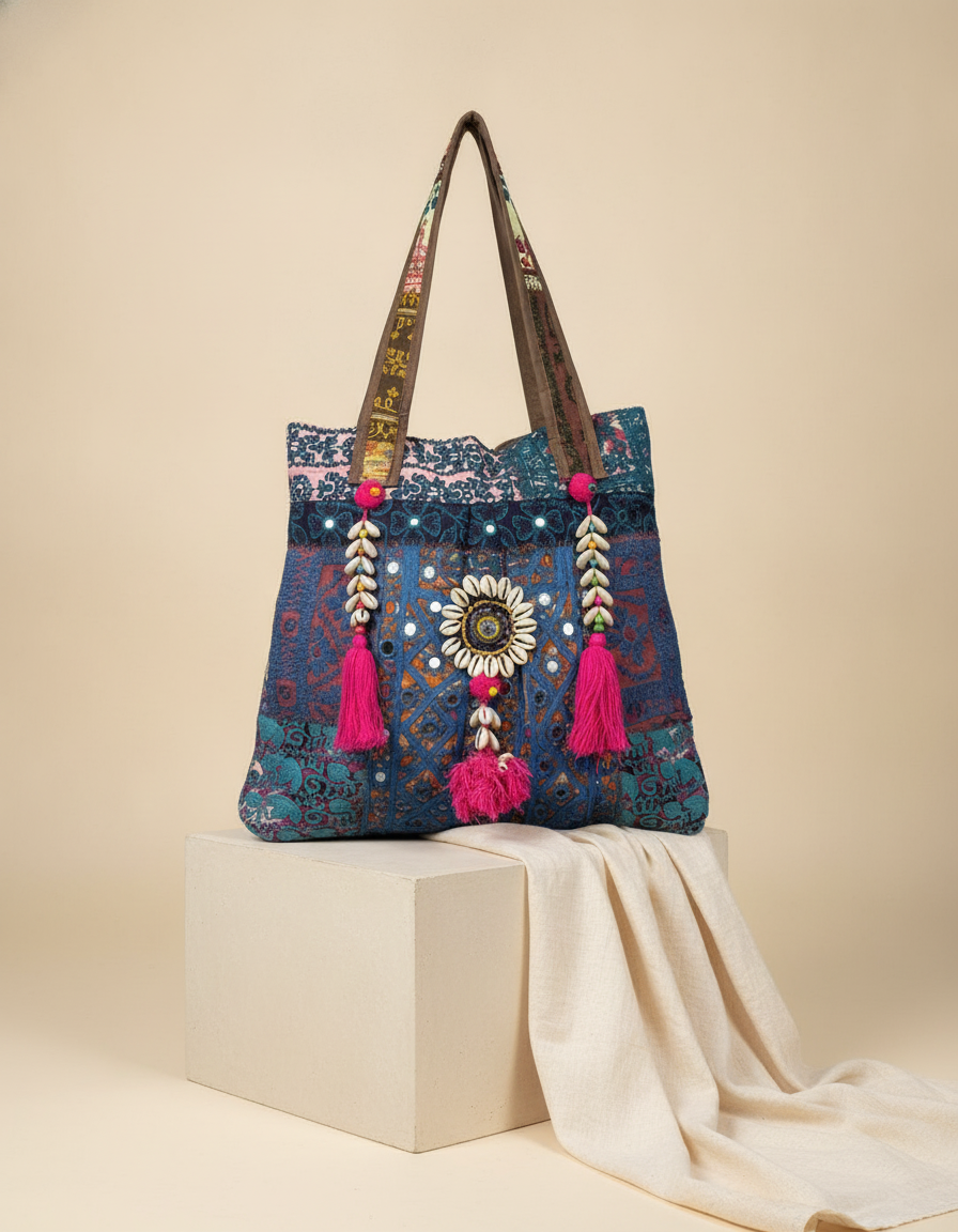 Shell Tassel Handcrafted Tote Bag — Indigo Jharokha