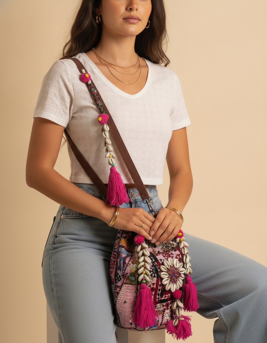 Shell Tassel Handcrafted Bucket Bag — Mulberry Bloom (Medium)