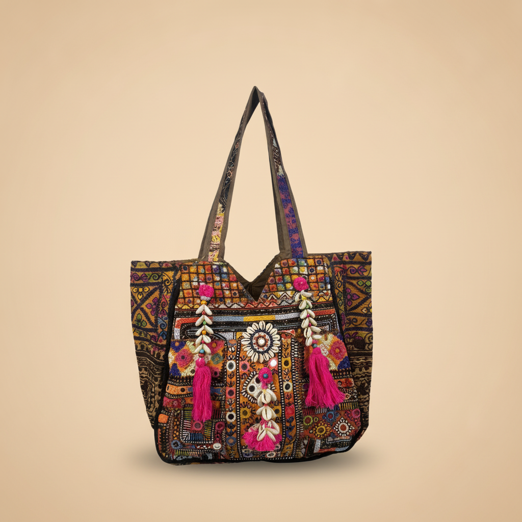 Shell Tassel Handcrafted Oversized Tote Bag — Saffron Caravan