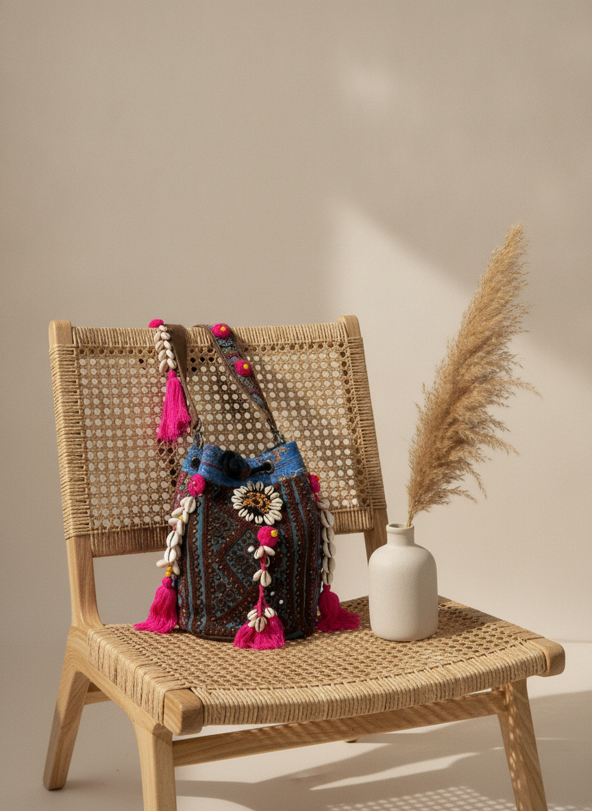 Shell Tassel Handcrafted Bucket Bag — Sapphire Ring (Medium)